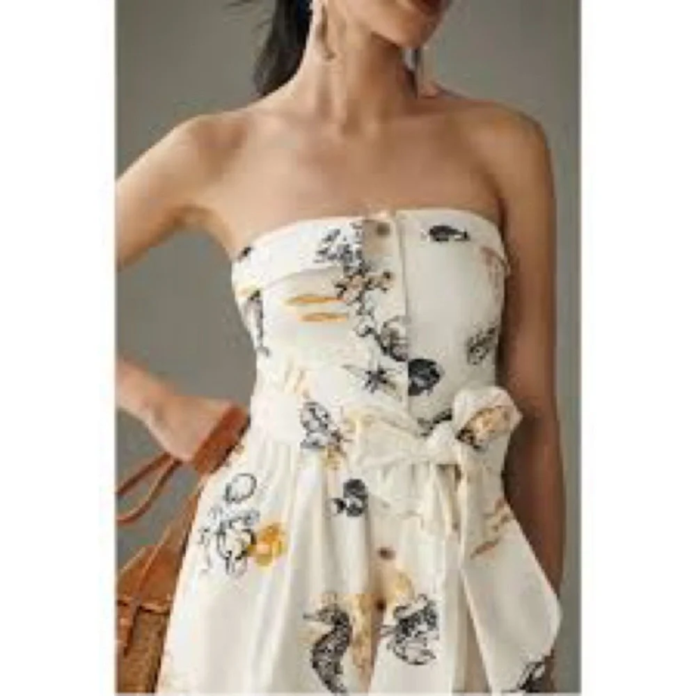 Anthropologie Maeve Strapless Buttondown Wide-Leg Jumpsuit Size 4 Sea Creatures - Picture 2 of 8